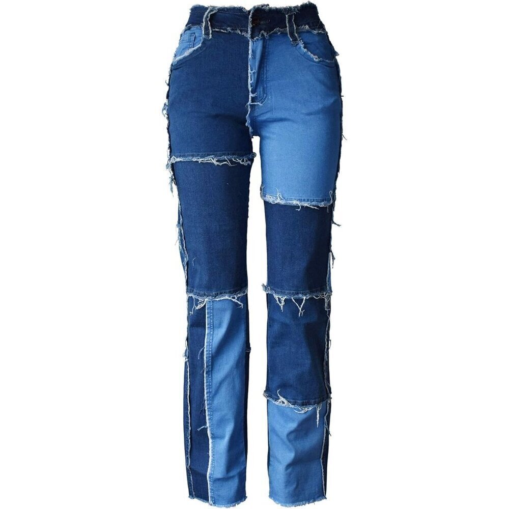Women Frayed Patch High Waist Jeans Denim Y2K Boyfriend Pants